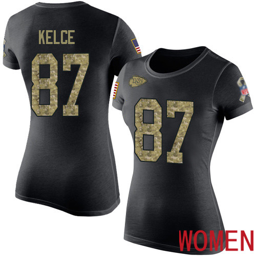 Women Football Kansas City Chiefs #87 Kelce Travis Black Camo Salute to Service T-Shirt